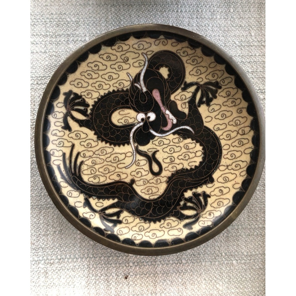 Antique Asian Dragon Trinket Dish Chinese Cloisonné Small Saucer for Jewelry